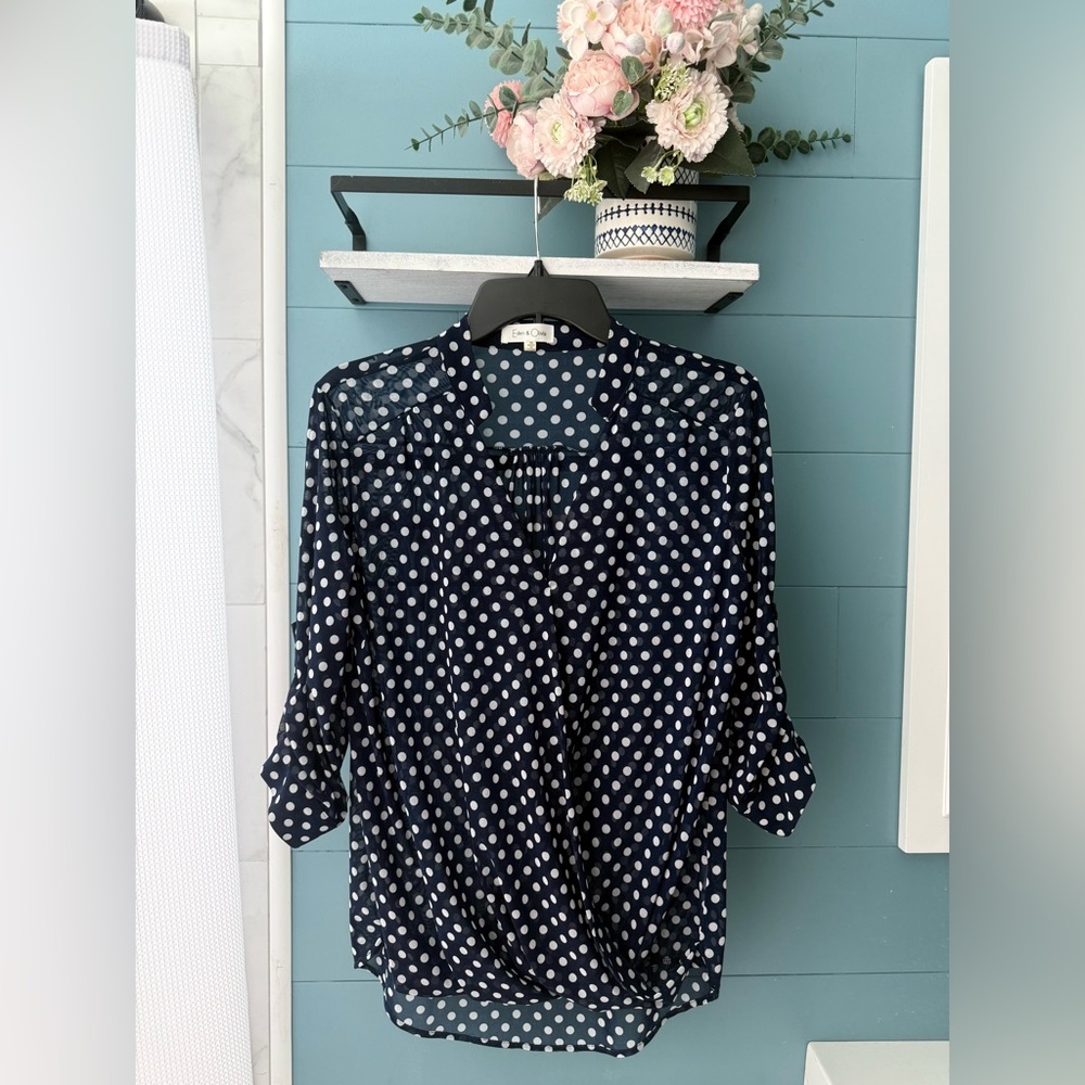 Eden & Olivia Navy Polka Dot Sheer Blouse Size M Roll Tab Sleeve